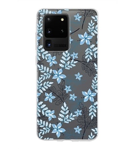 Samsung Galaxy S20 Ultra Kapak Floral Mavi Tasarımlı Şeffaf Silikon Kılıf