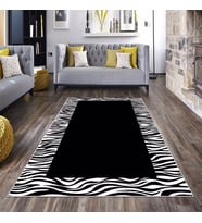 Siyah Zemin Zebra Desenli Yıkanabilir Kaymaz Taban Leke Tutmaz Modern Salon Halısı ve Yolluk (Beyaz)