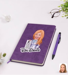 BK Gift Kişiye Özel Kadın Göz Doktoru Karikatürlü Mor Termo Deri Defter Kalem Seti Model 1