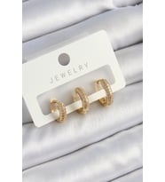 Pirinç Zirkon Taşlı Yıldız Model Gold Renk 3'lü Çift Kadın Küpe Set (Altın)