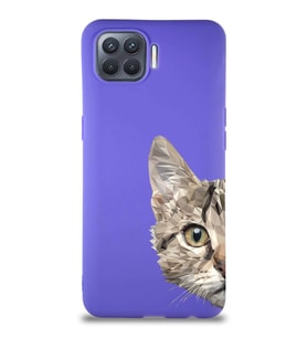 Oppo Reno 4 Lite Soft Premier Kapak Catface Tasarımlı Silikon Kılıf - Mor (Şeffaf)