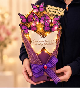 Kişiye Özel Yazılı LED Işıklı Aynalı Mor Kelebek Buketi 35 cm Romantik Hediye