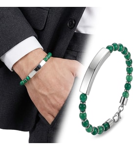 💎 Premium Yeşil Akik Beyaz İsim Yazılabilir Ve Çelik Zincir Bileklik 31832B29D12  -  23 cm