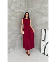 Neşeli butik kadın bordo drapeli yaka kolsuz bel oturtmalı uzun elbise NBK4589