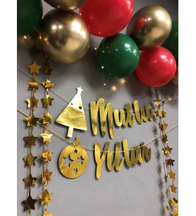 Mutlu Yıllar Gold Yazı Ledli Zincir Balon Seti Christmas Oda Süsleme Seti (Krem)