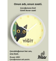 İsme Özel Sevimli Siyah Kedi Çocuk Odası Duvar Saati Orta Boy 30 cm Beyaz Camlı Sessiz