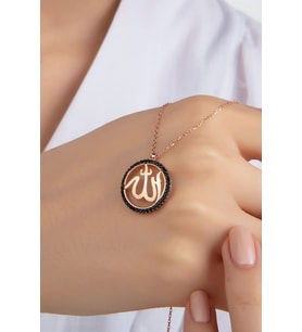 Kadın Orjinal 925 Ayar Gümüş Zirkon Taşlı Yuvarlak Allah Yazı Model Kolye (Rose)
