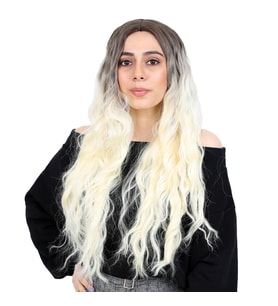 Fiber Sentetik Uzun Su Dalgası Peruk - Kahve / Platin Ombreli