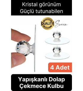 4 Adet Dekoratif Güçlü Tutunabilen Yapışkanlı Kristal Kapak Çekmece Dolap Kulp Seti Tutacak Kulbu
