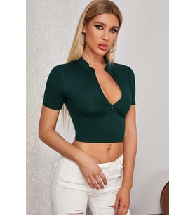 Kadın Yeşil Yarım Fermuarlı ve Kısa Kollu Crop Top Bluz