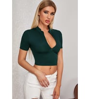 Kadın Yeşil Yarım Fermuarlı ve Kısa Kollu Crop Top Bluz