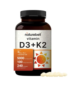 NatureBell Vitamin D3 5,000 IU + K2 100 mcg, 240 Softgels Daily 2-in-1 Formula with Virgin Coconut Oil Bone, Heart & Immune Support MK-7 Form.49.