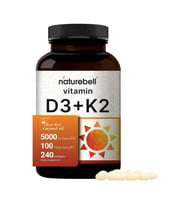 NatureBell Vitamin D3 5,000 IU + K2 100 mcg, 240 Softgels Daily 2-in-1 Formula with Virgin Coconut Oil Bone, Heart & Immune Support MK-7 Form.49.
