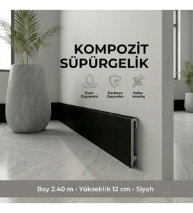 Espumo Kompozit Süpürgelik 12 cm Siyah  Suya Dayanıklı Parke Duvar Süpürgelik 2,40 m ESP506