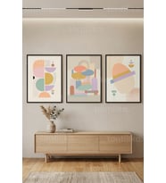 Pastel Tonlarda Geometrik Soyut Sanat 3’lü Ahşap Çerçeveli Tablo Seti