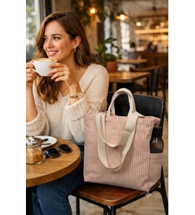 Faralya Life Çıtçıtlı Çift Saplı Kısa ve Uzun Sap Turuncu Çizgili %70 Pamuk %30 Polyester Çift Cepli 50*42 Ölçüde Omuz