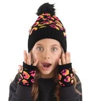 Pembe Leopar Kız Çocuk Bere Eldiven Takım (Siyah-Pembe)