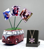 Kişiye Özel 3 Fotoğraflı Vosvos Saksı ve Gerçek Ametist Taşlı Lotus Kolye (Bordo)