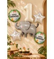 1 Yaş Fil Folyo Balonlu 5li Set ve Rakam Balon Safari Tema Balon Seti Set42