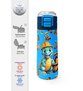 Mavi Dinozor Desenli Çelik Termos 500 ml, Pipetli ve Direkt İçim Özelliği