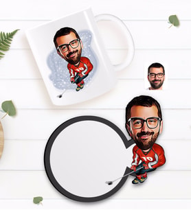 BK Gift Kişiye Özel Hokeyci Karikatürlü Beyaz Kupa ve Ahşap Bardak Altlığı Hediye Seti-1