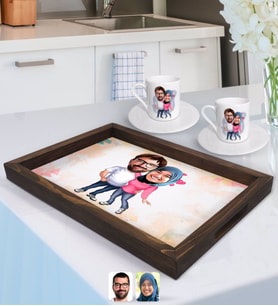 BK Gift Kişiye Özel Sevgililer Karikatürlü Doğal Ahşap Tepsi ve 2’li Kahve Fincan Seti-58
