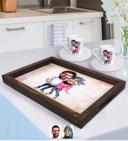 BK Gift Kişiye Özel Sevgililer Karikatürlü Doğal Ahşap Tepsi ve 2’li Kahve Fincan Seti-58