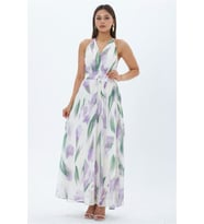 kadın mor yaprak desen halter yaka maxi boy elbise NBMY4122