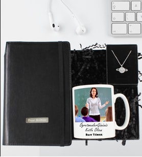 Öğretmenler Günü Kişiye Özel Defter & Fotoğraflı Kupa & Satürn Kolye Hediye Seti