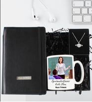 Öğretmenler Günü Kişiye Özel Defter & Fotoğraflı Kupa & Satürn Kolye Hediye Seti