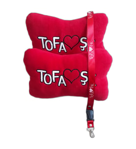TofaşK Kırmızı Polar Ortopedik Araç Seyahat Nakışlı Boyun Yastığı + Oto Ayna Askısı
