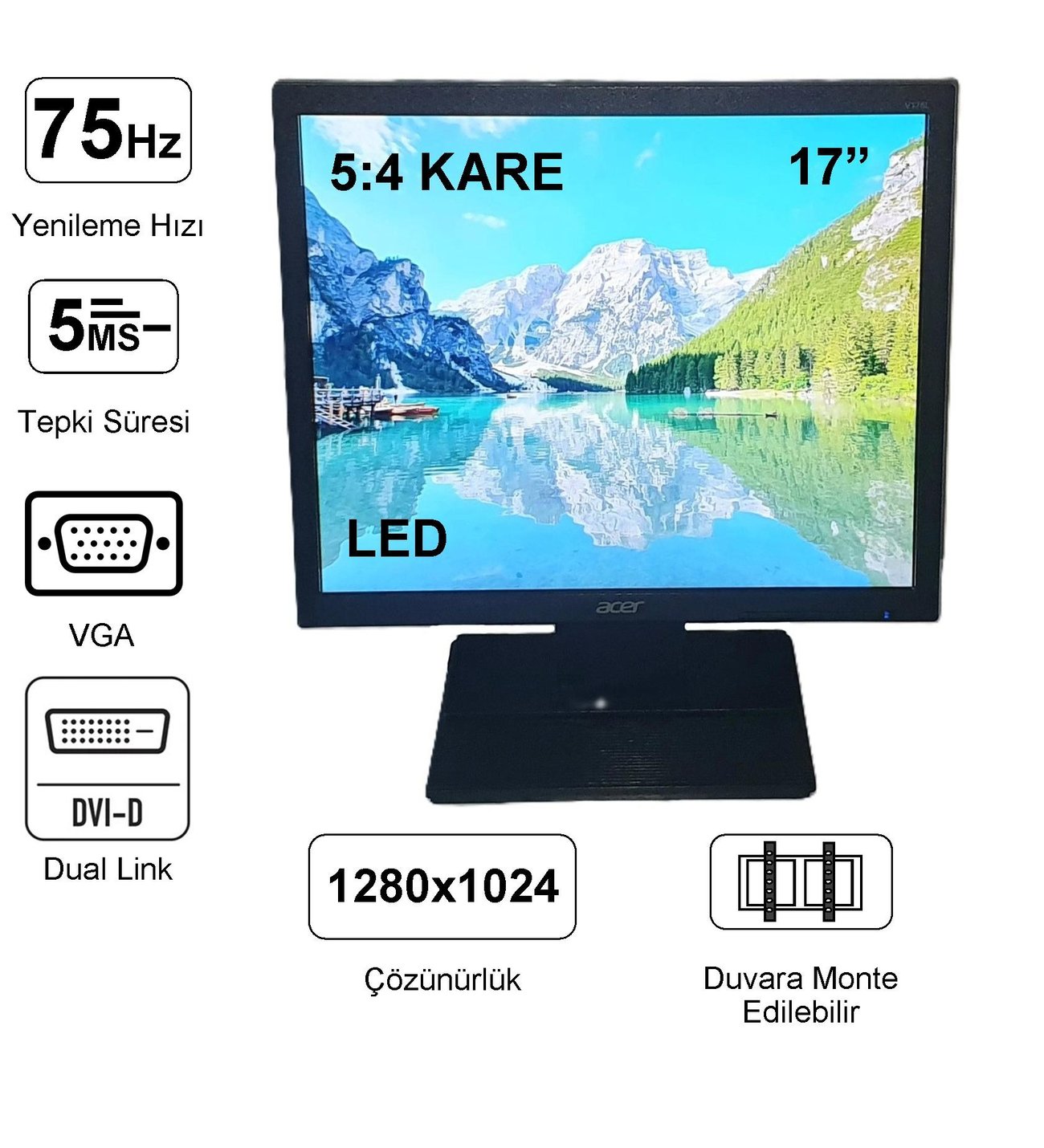 ACER V176L 17 inç LED Kare Monitör VGA DVI-D Girişli 1280 x 1024