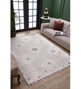 Ekru Vintage Stil Geometrik Desenli Salon Halısı Yıkanabilir Kaymaz Tabanlı Modern Dokunuş