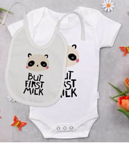 BK Kids But First Milk Tasarımlı Bebek Body Zıbın ve Mama Önlüğü Hediye Seti - Model 1