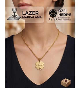316L Çelik Gold Renk İsim Yazılır Yonca Kolye (Kişiselleştirilebilir)