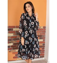Neşeli butik kadın siyah kemerli gömlek yaka şifon elbise RY0031 (Mint Yeşili)