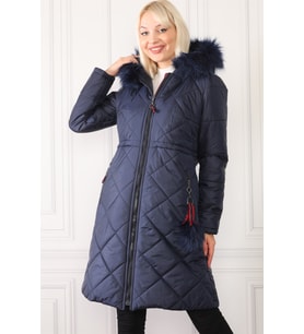 Dewberry Kadın %100 Polyester Kürklü Ponponlu Kaban Lacivert Z6646 Günlük Dış Giyim, Kazak ve Gömlek Kombini