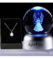 Kişiye Özel  Led Işıklı Cam Melek Küre Dolunay Lamba Kristal Top Ve Damla Kolye