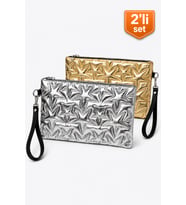 2'li Çanta Paketi Yıldız Desenli Portföy El Çantası Bilek Askılı Clutch Çanta