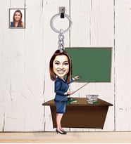 Kişiye Özel Öğretmen Karikatürlü  Ahşap Anahtarlık Bayan-18