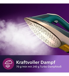 Azur 8000 serisi buharlı ütü – 70 g/dk sürekli buhar, 240 g turbo buhar çıkışı, 3000 W güç, OptimalTEMP teknolojisi, yeşil opal (DST8030/70)