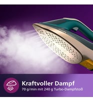 Azur 8000 serisi buharlı ütü – 70 g/dk sürekli buhar, 240 g turbo buhar çıkışı, 3000 W güç, OptimalTEMP teknolojisi, yeşil opal (DST8030/70)