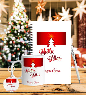 Yılbaşı İçin Kişiye Özel Ahşap Defter Kalem Kupa & Süblimasyon Anahtarlık Hediye Seti