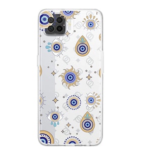 PrintiFy Oppo A73 ile Uyumlu Nazar Boncuğu 5  Kamera Korumalı Şeffaf Silikon Kılıf