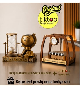 Kişiye Özel Ahşap El yapımı Masa üstü Newton Denge Topu + Kitap Tasarımlı Kum Saati Dünya Kalemlik. 2' li Hediye Seti