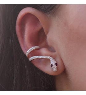 Kulağı Saran Rose Kaplama Siyah Taş Detaylı Gümüş Kıkırdak Küpe