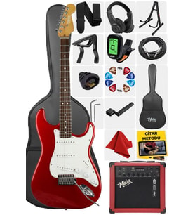 Midex RPH-30WRD-25AMP Kırmızı Renk Strat Kasa SSS 25W Amfili Elektro Gitar Seti