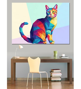 Geometrik Pop Art Kedi Portresi Dekoratif Kanvas - Mdf Ahşap Tablo