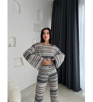 FİLE DANTEL BLUZ - YIRTMAÇLI PANTOLON TAKIM - Bej