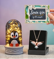 Hediye Seti Led Işıklı Penguen Fanus ve Renkli Anka Kuşu Kolye
